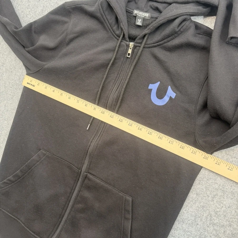 True Religion Mens Small Black Zip Hoodie Retro Stud Buddha Graphic Back 700437